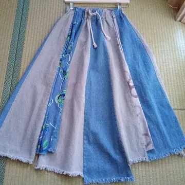 스칼라 플레어 롱 스커트 데님 꽃무늬