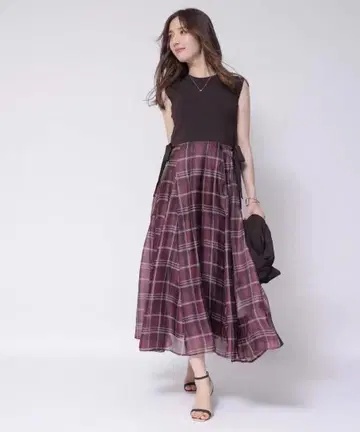 사이드 리본 체크 도킹 원피스