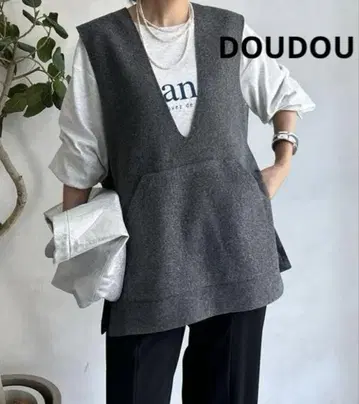 새상품급 DOUDOU 도두 사이드 스냅 깊은 V넥 베스트 그레이 F 지레