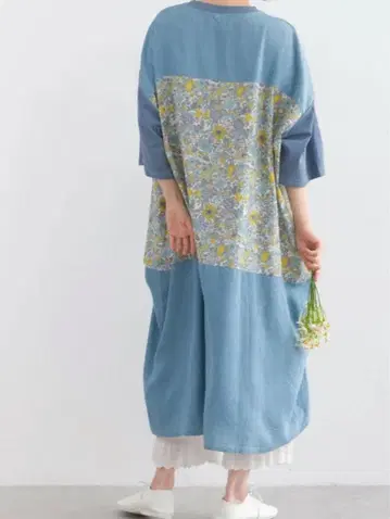 Lupilien 천축 x 데님 x 프린트 밑단 드로스트 원피스 블루 데님