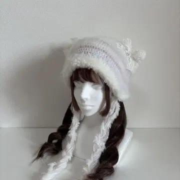 고양이 귀 니트 모자 모헤어 핑크