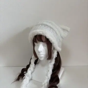 고양이 귀 니트 모자 모헤어 화이트