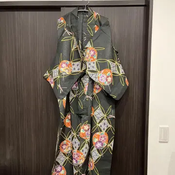 유카타 부채와 잠자리, 꽃 패턴의 깊은 그린 컬러 유카타 새상품
