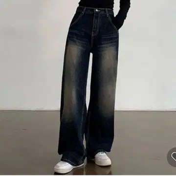 nugu 하이웨스트 와이드 데님 팬츠 딥 블루