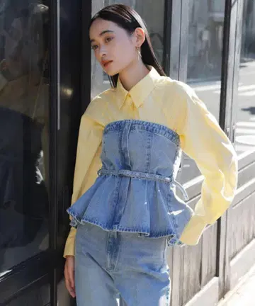 VIS 워셔블 데님 플레어 베어 탑 비스 뷔스티에 상의 비스