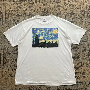 80s JERZEES 티셔츠 고흐 패러디 별이 빛나는 밤 아트 검 90s