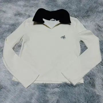 아이보리 긴팔 피케 셔츠 블랙 옷깃