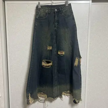 데미지 가공 다크 데님 롱 스커트