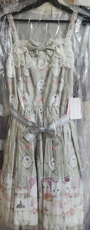 Angelic Pretty 고양이의 다회 오버롤 스커트 세트 그레이