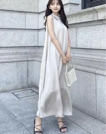 anuans 롱 원피스 새틴 슬리브리스 컷 아웃 손세탁 가능