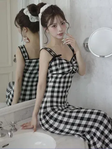 깅엄 자카드 니트 롱 원피스