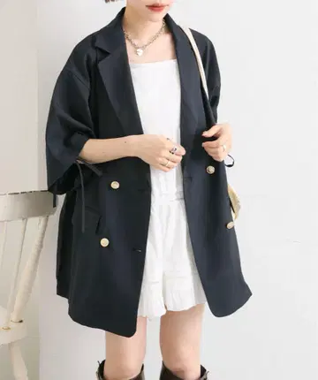 w closet 반팔 소매 리본 BIG 테일러드 자켓 네이비
