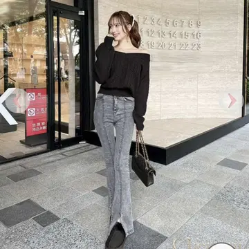 새상품급 셰리미 이토 모모 슬림 레그 스트레치 플레어 데님 그레이
