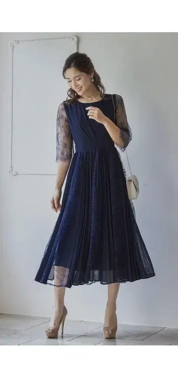 DRESS+네이비 레이스 플리츠 드레스 7부 소매 사이즈 XL