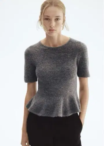 H&M RIB-KNIT PEPLUM TOP 페플럼 니트 그레이 XL