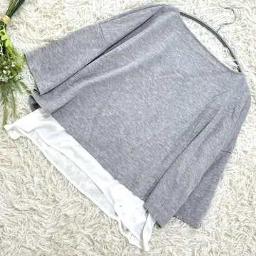 핑크 어도비 그레이 레이어드 상의 백리본 M 7부 소매 보트넥