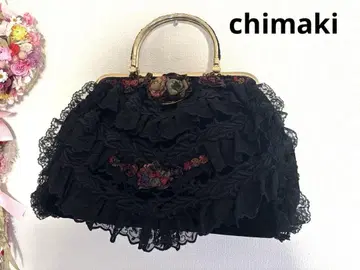 치마키 가마구치 벨로아 핸드백 장미 프릴 레이스 장식 블랙