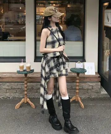 체크 무늬 슬리브리스 셔츠 원피스