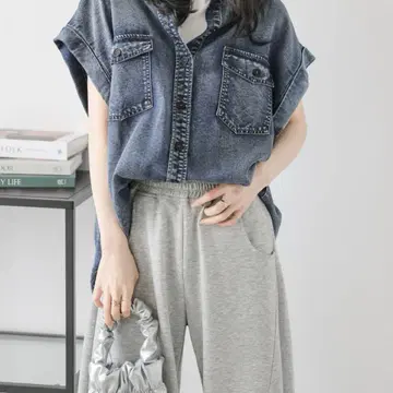 데님 블루 오버 사이즈 반팔 셔츠 프리 사이즈