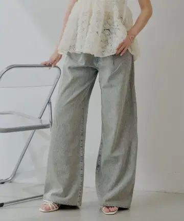 Chico 하트 프린트 박스 와이드 데님 팬츠