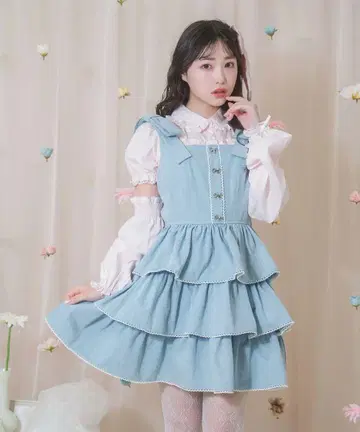 Honey Cinnamon 어깨 리본 3단 오버롤 스커트