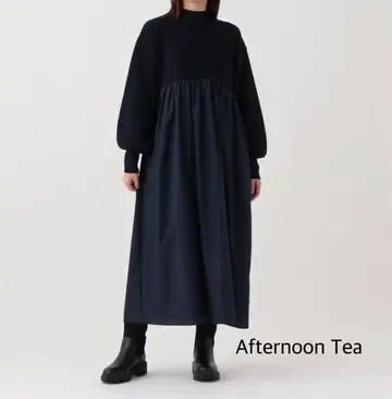 미사용 택 포함 애프터눈 티 니트 콤비 원피스 네이비