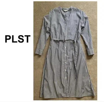 PLST 플라스테 셔츠 원피스 스트라이프 노카라 벨트 무릎 기장 M