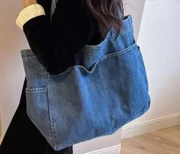 데님 토트백 대용량 외부 포켓 부착