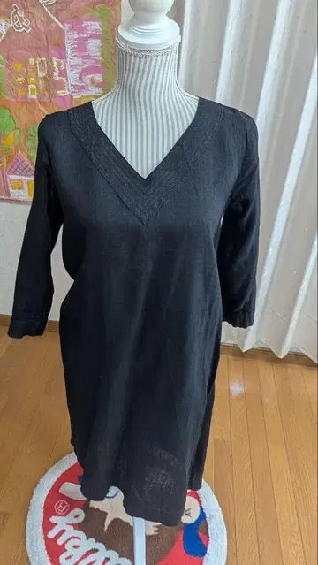 fog linen work 블랙 린넨 원피스 V넥