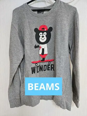BEAMS 남성용 곰 프린트 긴팔 맨투맨 그레이