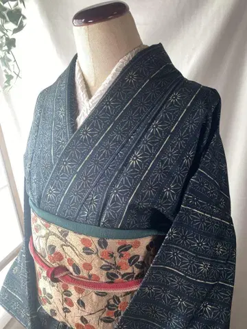 츠무기지 순수 실크 카타조메 꽃 코몬 남색 바탕