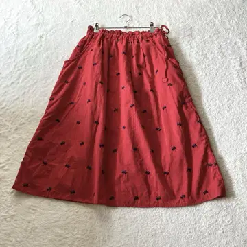 POUDOUDOU 면 100% 나비 자수 스커트 빨간색