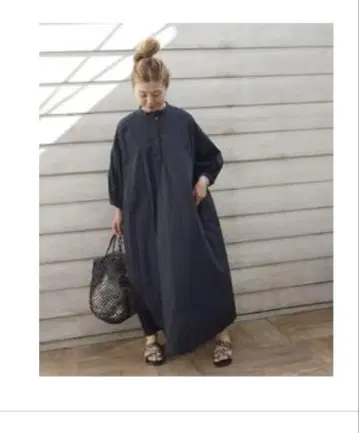 피마론 스탠드 개더 셔츠 원피스 M 네이비