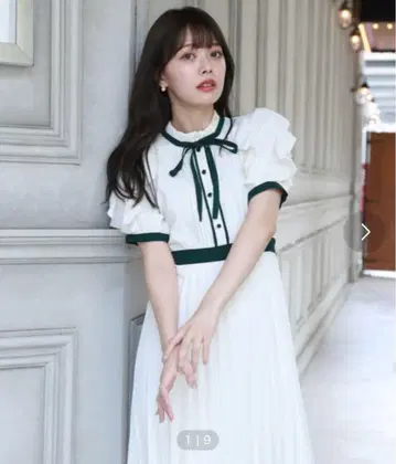 cheek 플리츠 롱 원피스 프릴 리본