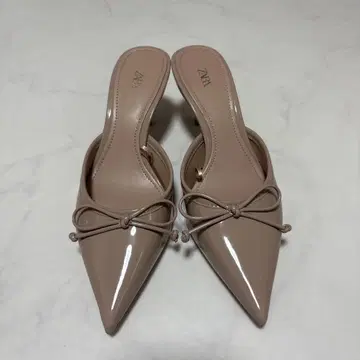 ZARA 샤이니 힐 슈즈 뮬 리본 핑크 베이지