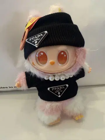 LABUBU 라브부 17cm 블랙 니트 베이스 펄 목걸이 모자 3종 세트