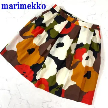 마리메꼬 스커트 빨간색 베이지 꽃무늬 울 100% 34 C2474