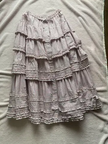 단단 티어드 롱 스커트 핑크 계열 체크