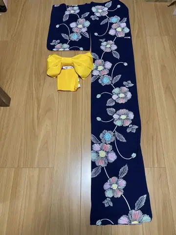 유카타 남색 동백꽃 무늬 기장 150cm 제작 오비 서비스