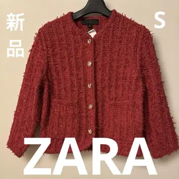 택 포함 새상품 ZARA 노카라 니트 자켓 빨간색 S 사이즈 골드 버튼