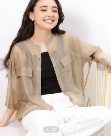 오파크 클립 숏 기장 밴드 카라 시어 셔츠 오부소매 셔츠 M