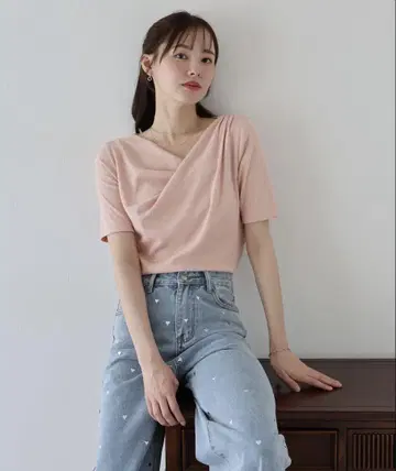 BLUEEAST 드레이프 넥 리브 T셔츠