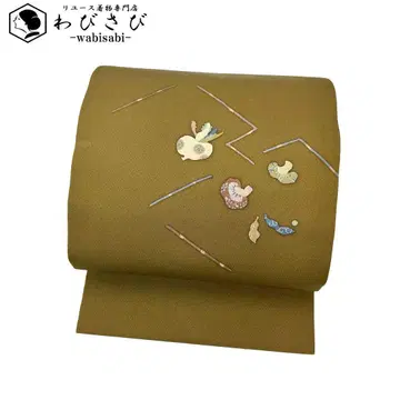 나고야 오비 작가물 야채 크레이프 원단 로고 브라운 O-3658