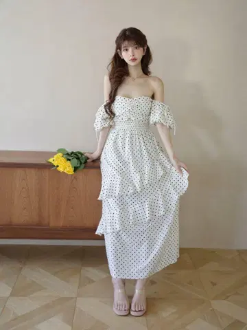 랜덤 도트 티어드 머메이드 원피스
