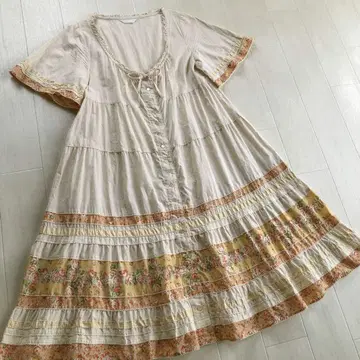 핑크하우스 면 로운 생지색 체크 무늬 꽃무늬 패치워크 원피스