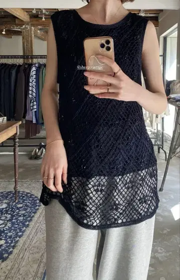 sheep vintage 크로셰 비즈 탱크탑 네이비