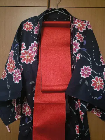 유카타 오비 세트 네이비 바탕에 핑크 꽃무늬 클리닝 완료
