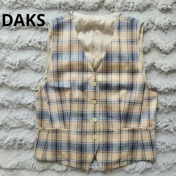 베이지 블루 체크 무늬 V넥 베스트 L 사이즈 상당 DAKS