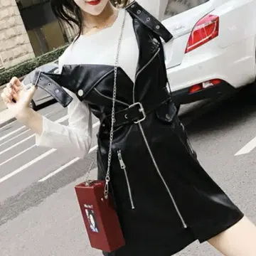 라이더풍 여성용 가죽 느낌 원피스