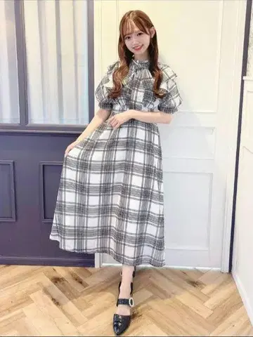 evelyn 하타 미사키 콜라보 체크 롱 원피스 리본 없음